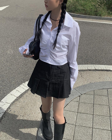 Alu Black Denim Pleats Mini Skirt